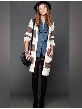 Free People Cream & Brown Striped Open-Front Cardigan